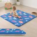 Baby Play Mat for Floor,1.3" Thick Cushioned Playpen Mat 50"x50",Extra Soft Elasti-Foam,Water Repellent Coral Velvet,Non-Slip for Crawling&Tummy Time,Infant Toddler Kids Nursery Rug(Dinosaur) (Dinosaur-Navy Blue)
