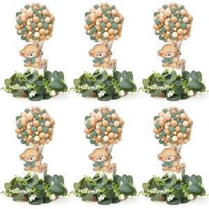 6 Set Baby Shower Bear Table Centerpieces Decortion Sage Green Bear with Eucalyptus Wreath Wood Slices Welcome Baby Table Toppers for Boy Or Girl Gender Reveal Party Favors