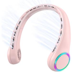 Portable Neck Fan, Personal Fan with 4000mAh Battery, Rechargeable Neck Fan with 3 Speeds and 64 Cool Lights, Birthday Gifts for Men Women Mom Dad, Hands Free Cooling fan for Summer(Pink)