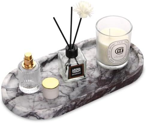 Oval Marble Bathroom Vanity Tray, Natural Luxury Marble Home Kitchen Bathroom Table Tray, Stone Decorative Countertop Tray for Coffee Perfume Jewelry (Lilac, 12" x 6" x 0.8")