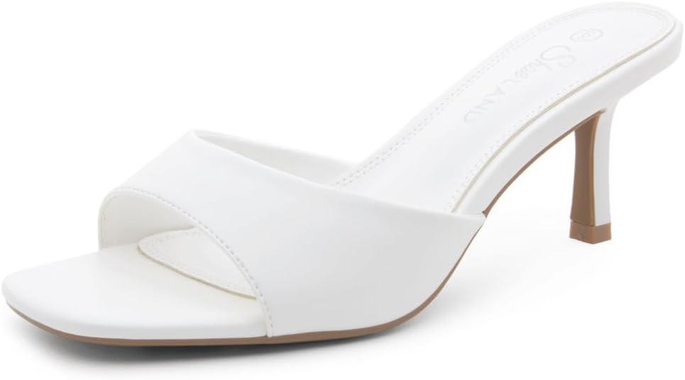 Shoe Land Deverena Women's Low Heels Stiletto Heeled Slides, Open Toe One Band Slip-On Heeled Mules  Dressy Heeled Sandals for Prom, Party, Wedding, and Vacation (8, White)