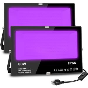MELPO Black Light 80W Blacklight Flood Light Outdoor for Glow Party, Halloween Decoration, Body Paint, Stage LightingNeon Glow, IP66, US-Plug-Switch-5.9Ft Cord (2 Pack)