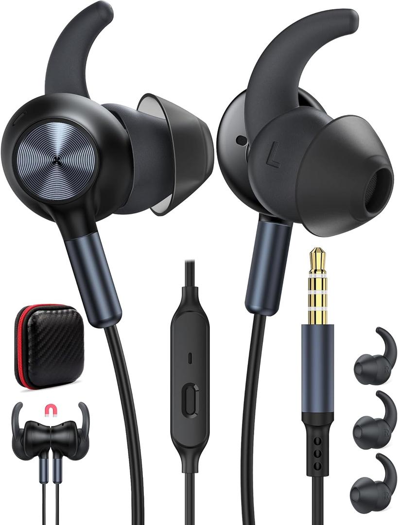 TOPAUX 3.5mm Jack Earphone 5FT Wired Earbuds Anti-Loose Wingtip Noise Canceling in-Ear Headphone Mute Mic School Supply PC Computer Corded Headset for Chromebook Laptop,for Moto G Stylus Play Power (Black)