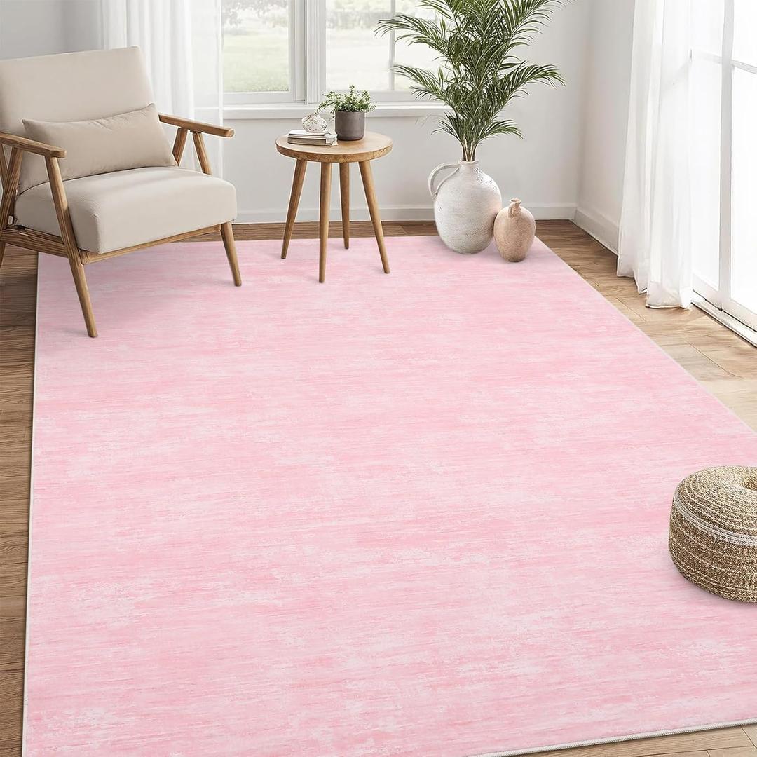 RUGSREAL 8x10 Washable Rug for Living Room Non-Slip Modern Abstract Area Rug Stain Resistant Large Bedroom Rug Contemporary Accent Throw Floor Carpet Solid Rug for Dining Room Home Decor, Pink