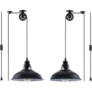 Plug in Pendant Light Industrial Pulley Pendant Lamp E26 Vintage Hanging Light Fixture With 16.4ft Cord On/Off Switch For Pool Table,Houseplant Grow lights,Kitchen Island,Sink 2 Pack Black