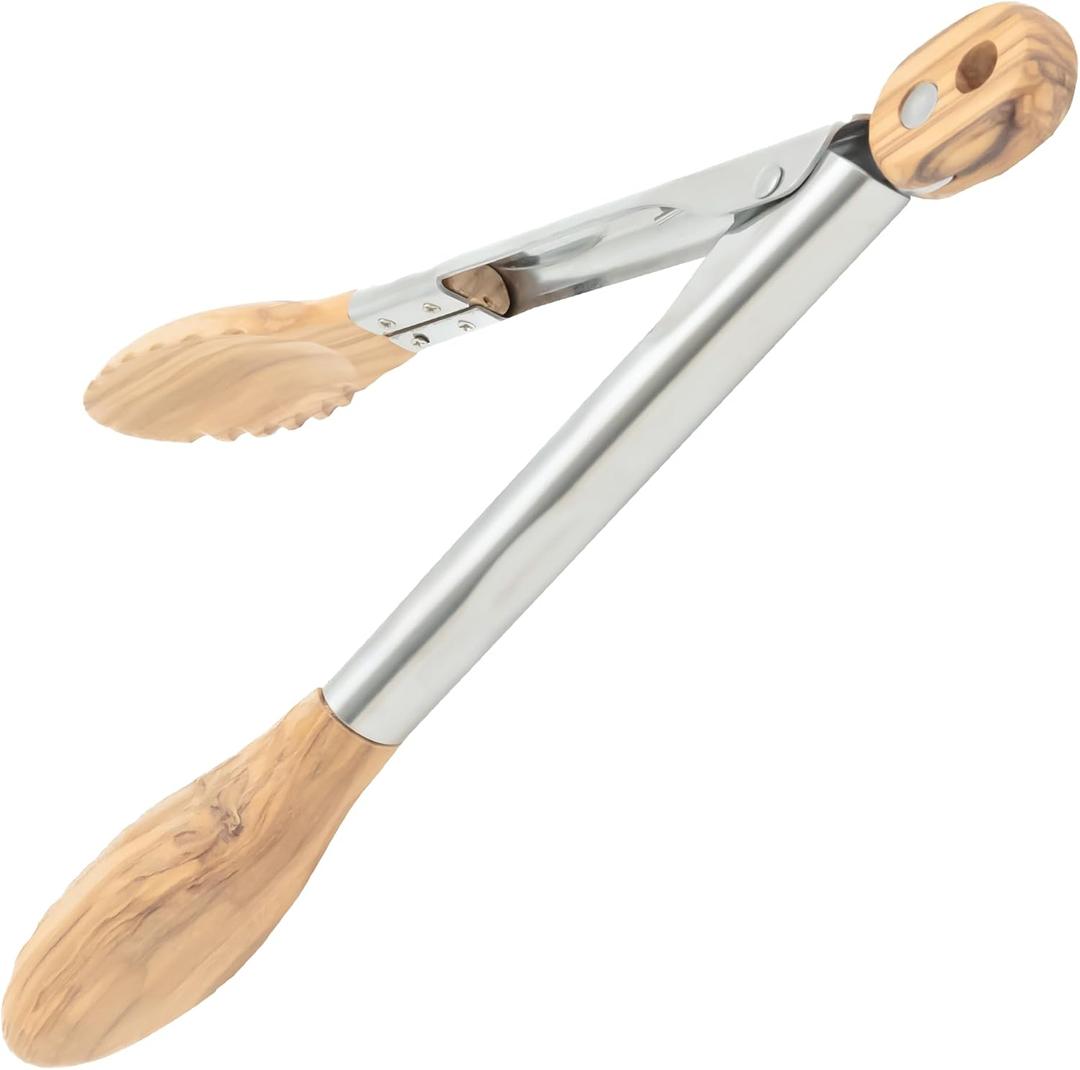 Boxiki Kitchen Tongs for Cooking with Wooden Tips - Wooden Tongs Ideal for BBQ, Salad, Toaster, Bread & Pickles - Made of Natural Olive Wood, Size 12 Inch