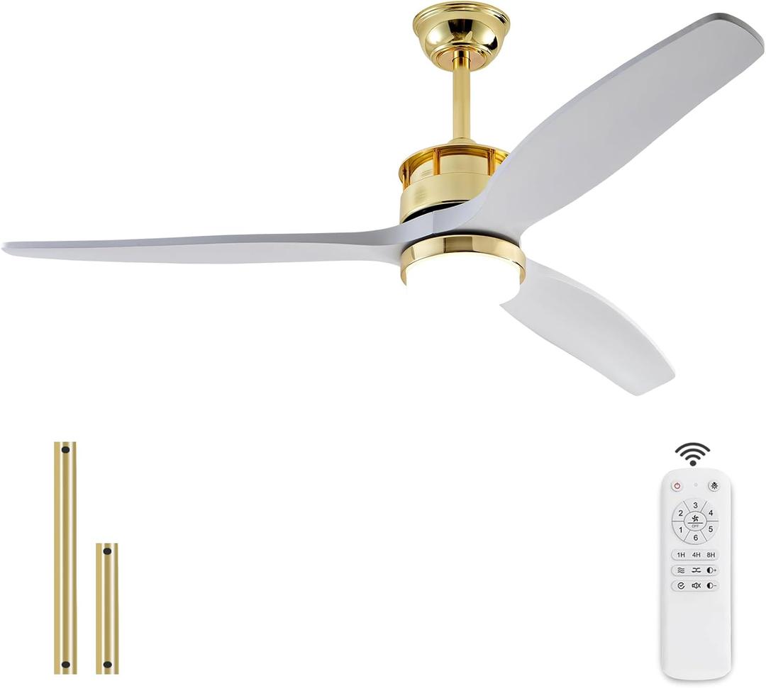 BOJUE 52 Inch Solid Wood Gold Ceiling Fans with Lights and Remote, Reversible Quite DC Motor,6 Speeds with Memory Program,Modern Farmhouse Ceiling Fan with Light for Living Room Patio