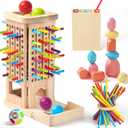 Montessori Toys for 3 Year Old Fine Motor Skills Toys for 5 Year Old Wooden Board Game - Educational Toys with Colorful Sticks, Dice & Stones, Family Game Gifts for Age 4 5 6 7 8 Boys Girls