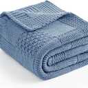 Amlie Home Knit Throw Blanket, Soft Chenille Cozy Breathable Checkered Chunky Decorative Blanket for Couch, Bed & Sofa, French-Inspired Lightweight Warm Gift for Women, Washed Blue, 50"x60"