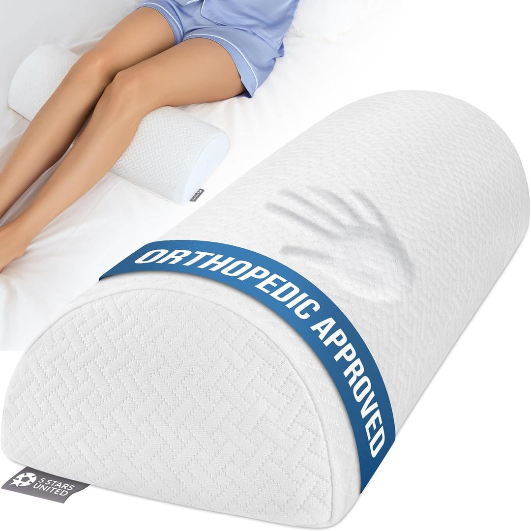 5 STARS UNITED Knee Pillow for Back Sleeping  Memory Foam Cushion for Sciatica Pain Relief  Under Leg Support for Sleeping on Back  Half Moon Bolster for Bed, White