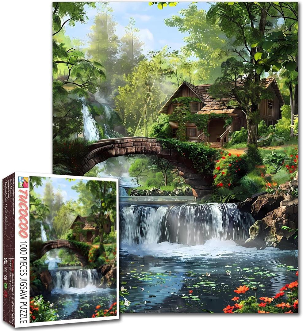 Forest Waterfall Puzzles 1000 Pieces for Adults,Families (Wooden House,Cabin,Trees,Jungle,Bridge) Pieces Fit Together Perfectly 19.7''x27.6''inch Tropical Landscape Frameable Magic Puzzle Art（Green