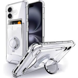Shields Up Designed for iPhone 16 Case, Minimalist Wallet Case with Card Holder (3 Cards) & Ring Stand, [Drop Protection] Slim Protective Cover for iPhone 16 (6.1 inch) - Clear