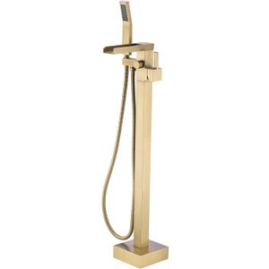 BAGNOLUX Bathtub Faucet Tub Filler Floor Mount Bathroom Faucets Brass Single Handle with Hand Shower (Waterfall Style B, Brushed Brass)