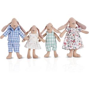 Giant bean Bunny Toys for Kids, Easter Bunny, 4 PCS Hand Made Rabbit Family Dolls with Removable Clothes, Suitable for Infants, Boys and Girls, Dollhouse People, Easter Basket Essentials (Blue)