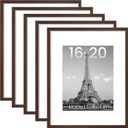 upsimples 16x20 Picture Frame Set of 5, Display Pictures 11x14 with Mat or 16 x 20 Without, Wall Gallery Poster Frames, Brown