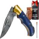 6.5 Inch Handmade Damascus Pocket Knife for Men - Damascus Steel Folding Knife with Sheath - Back Lock Pocket Knives for Men Christmas Gift for husband, boyfriend, Dad, brother (Pack of 1 - General, Blue)