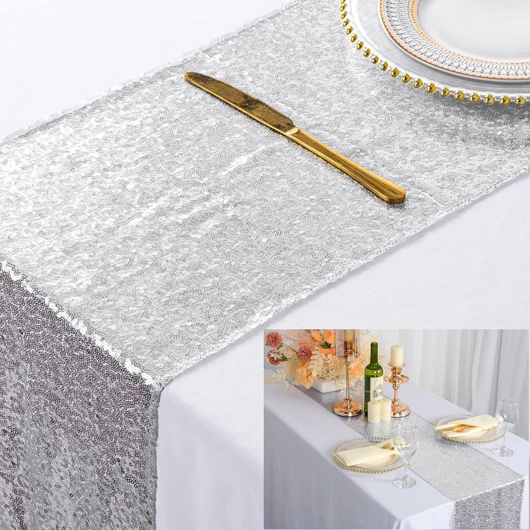 ShinyBeauty Sequin Table Runner 11x106 Inch Pack of 2 Sparkly Silver Table Cover Glitter Table Linen for Wedding Holiday Party Supplies 