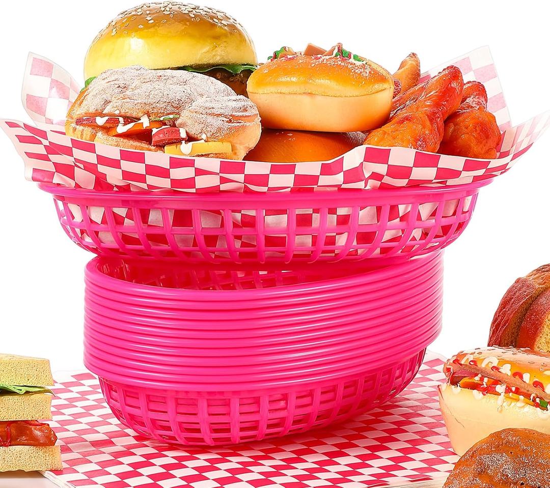 AceOrbit 12 Pcs Fast Food Baskets with 60 Pcs Paper Liners Plastic Classic Food Storage Baskets for Lunch Dinner Serving Burger Chip Trays for Hot Dog Hamburger Bread Picnic (Pink)