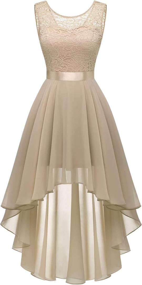 BeryLove Cocktail Prom Dresses 2025 Formal Wedding Guest Dresses Sleeveless Lace High Low Homecoming Dress (X-Small, Champagne)