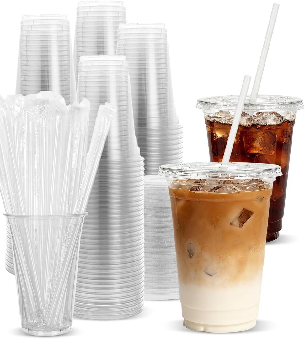 Goodluck 100 Pack 16oz Plastic Cups with Lids and Straws, Clear Disposable Iced Coffee Cups, Food Safe Cold Drink Cups for Bubble Tea, Smoothies & Shakes, BPA Free