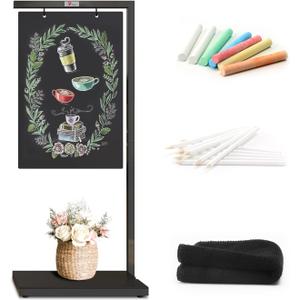 TOWON 19 x 43 Inch Giant Floor-Standing Chalkboard Signs, Hanging Metal Sidewalk Sign with Base, Pedestal Chalkboard Easel for caf, Bar, Bistro, Florist, Wedding Outdoor, Portable and Double-Sided