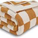 CozeCube Super Soft Fullfy Microfiber Reversible Knitted Blankets, Warm Cozy Fuzzy Plush Throw, Orange and White Checkered Throw Blanket for Couch Bed Sofa, 50" x 60"