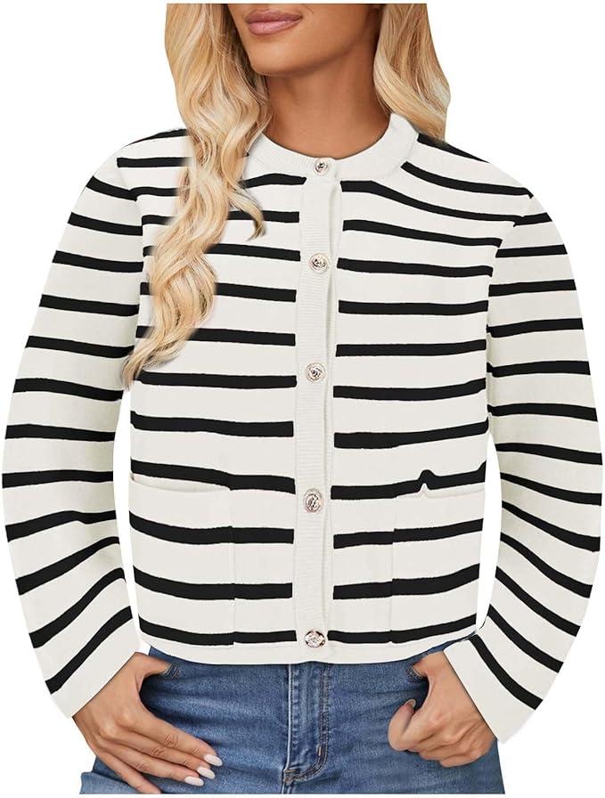 Women Striped Cardigan Sweaters Button Down Open Front Cropped Cardigan Knit Lady Jackets Coat 2024 Fall Outfits
e, Size 6