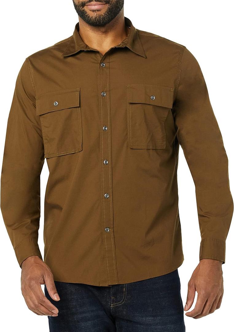 Amazon Essentials Mens Slim-Fit Long-Sleeve Two-Pocket Utility Shirt (Large Tall, Dark Olive)