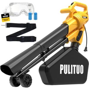 PULITUO 3 in 1 Electric Leaf Blower Vacuum Mulcher with Bag, 530CFM & 170MPH Leaf Vacuum Corded Blowers for Lawn Care, 15:1 Powerful Leaf Mulcher with Shoulder Strap (Yellow)