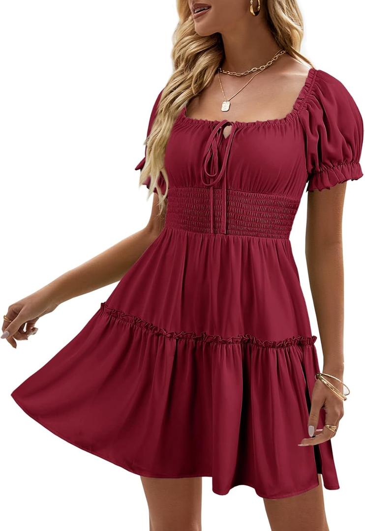 Heysolo Womens Boho Floral Smocked Square Neck Short Sleeve Ruffle Beach Summer Mini Dress (Small, Z1 Wine Red)