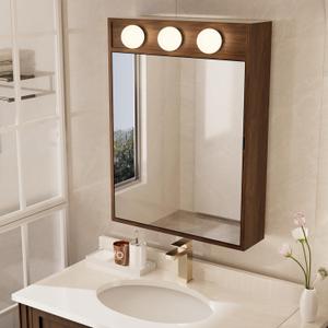 Réflexon 28x20 LED Lighted Bathroom Medicine Mirror Cabinet with Sockets & USBs, Dimmable Light and Color Adjustment, LED Bulbs, Easy to Install, Walnut