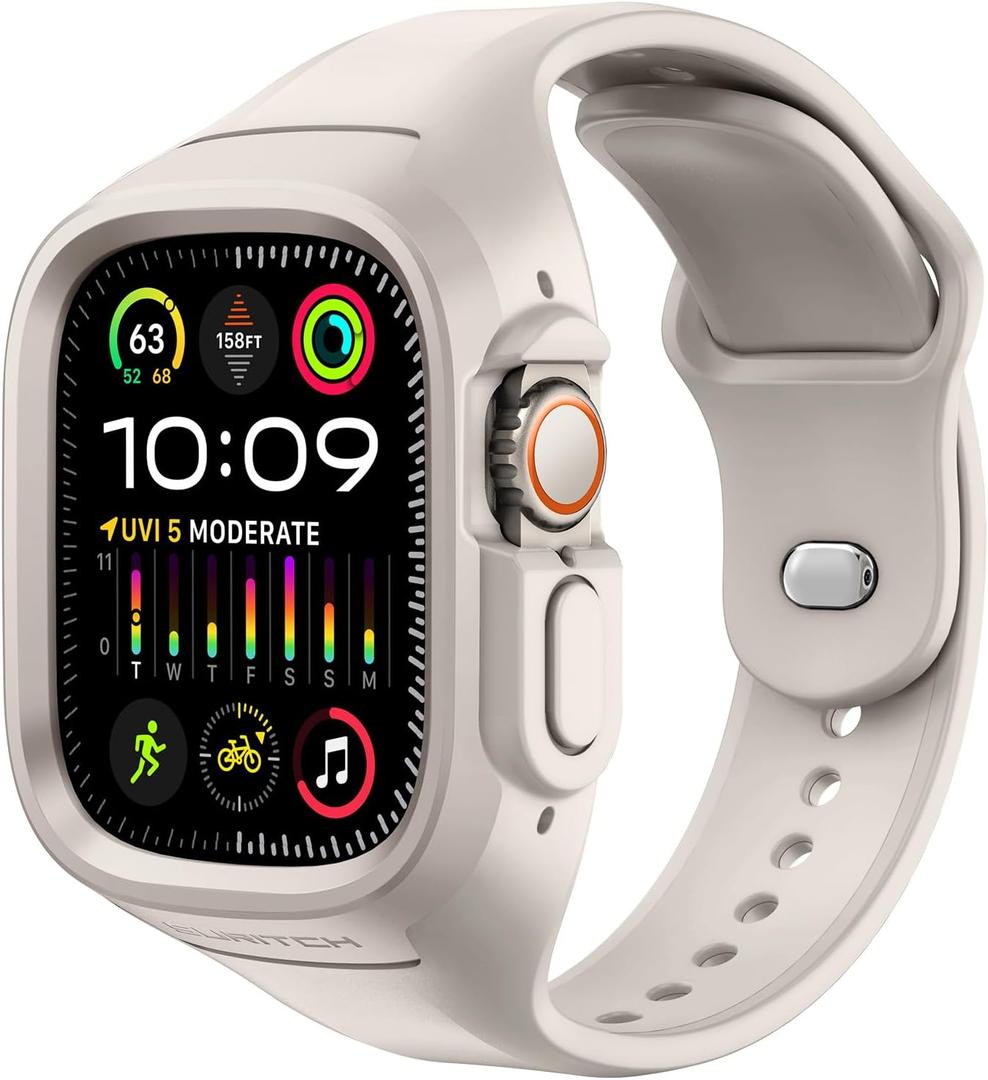 SURITCH Sport Band for Apple Watch Ultra 3/2/1 49mm & iWatch Series 9/8/7/6/5/4/SE3/SE2/SE 45mm 44mm 41mm 40mm, Soft Silicone Shockproof Rugged Protective Strap with Case for Women Men (Starlight)