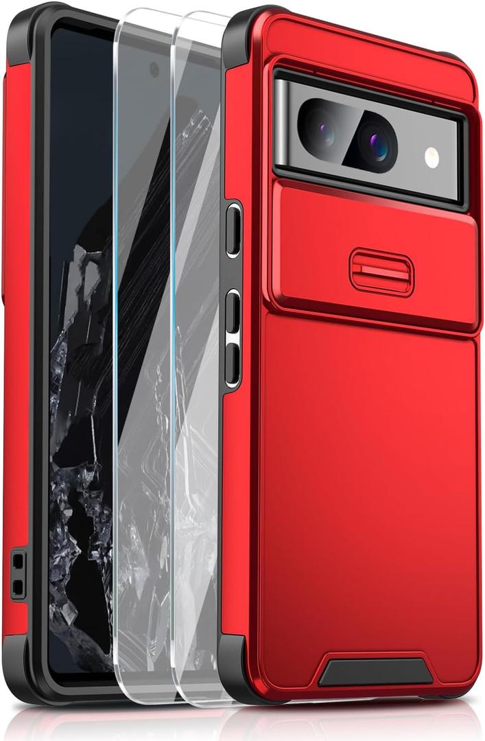 for Google Pixel 8A Case with Sliding Camera Cover + 2 Packs Screen Protector, 2 in 1 Heavy Duty Full Body Shockproof Hard PC+Soft Silicone Drop Protective Phone Case for Pixel 8a Red