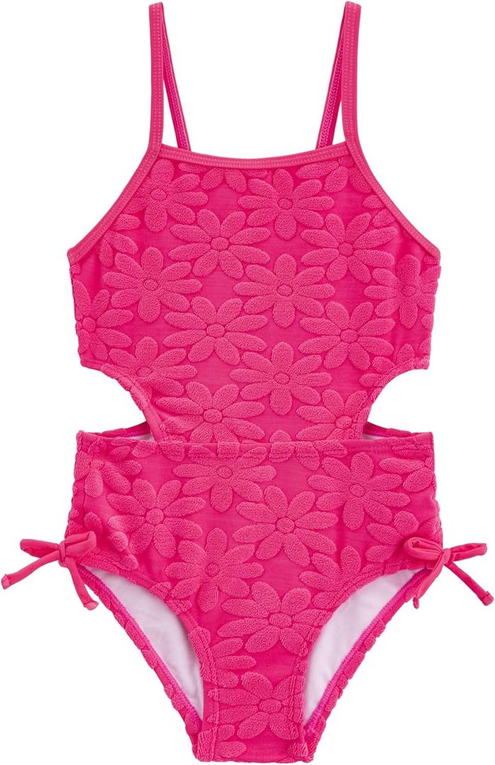 LIZENS Girls One Piece Swimwear Cut Out Floral Print 2-12Years Bow Beach Bathing Swimsuit (7-8 Years, Pink)