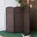 Furnnylane 3 Panel Rattan Divider Short Room Partition Screen, Double Sided Folding Divider for Room Separation, Dark Brown, 47.2" H x 47.2" W