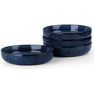 LIANYU Stoneware Pasta Bowls Set of 4, 35oz Large Salad Pasta Bowl for Home, Wide and Shallow Ceramic Plate Bowls for Serving Soup Dinner, Microwave & Dishwasher Safe, Sapphire Blue