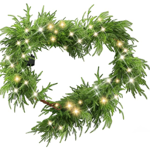6 Ft Christmas Norfolk Pine Garland with 100 LED Lights, Dense Norfolk Pine Real Touch Garland, Artificial Greenery Garlands for Christmas Holiday Mantle Fireplace Table Home Decor Xmas