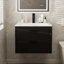 24 Inches Modern MDF Bathroom Vanity with Sink, Wall Mounted Floating Cabinets w/Double Drawers, Black Handles, White Resin Sink Combo Set (Black, 24")