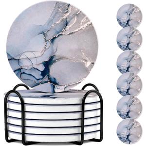 Round Coasters, Crystal Blue Ceramic Marble, 6 Pcs for Drinks, Non-Slip for Desk & Room Decor (4 Inches)