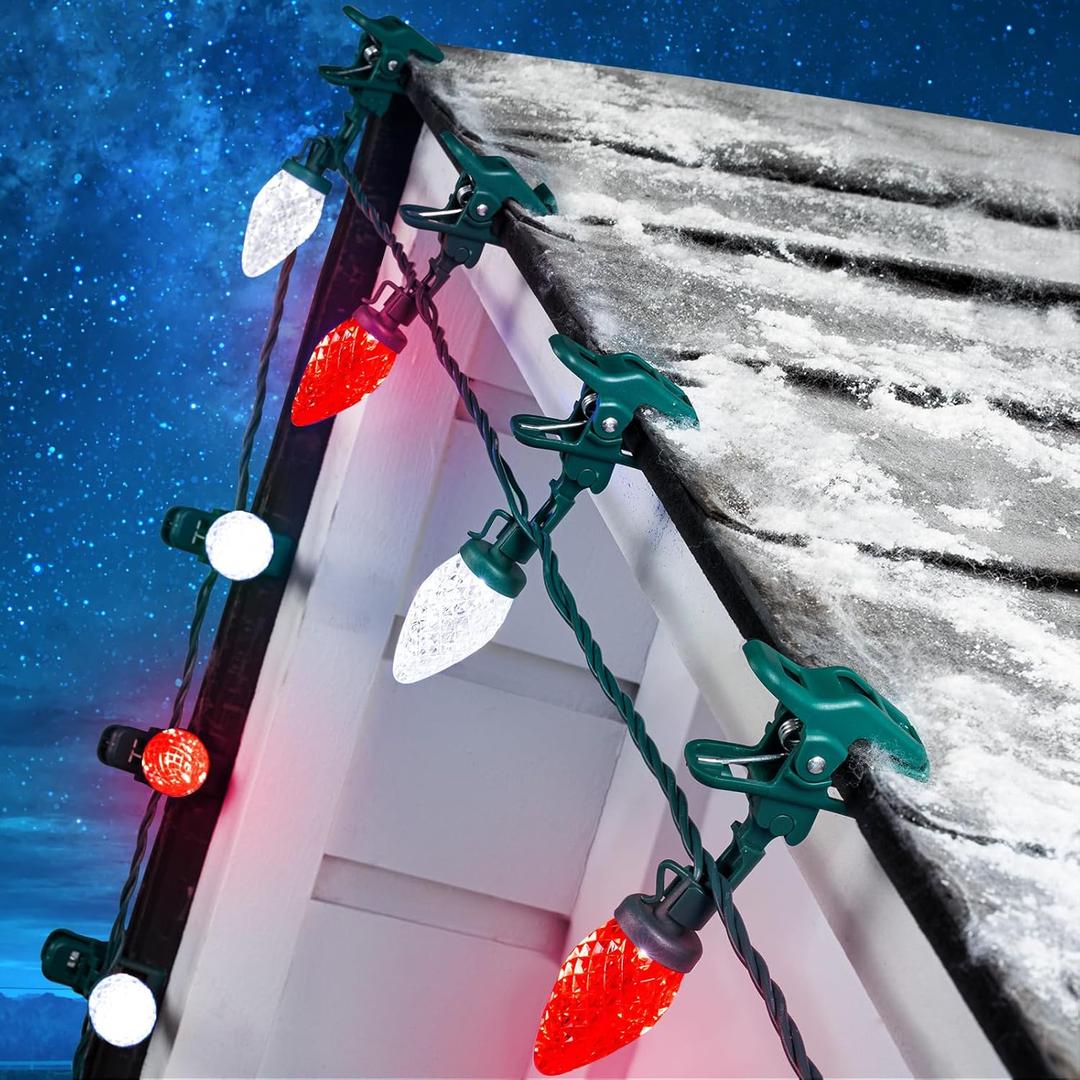 C9 LED Christmas Lights Outdoor with 50 Spring Clips, 50ft 50 LED Waterproof Strawberry String Lights, Commercial Grade Extendable Perfect for Roofline Patio House Xmas Decor, Red & Pure White