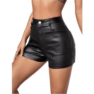 MakeMeChic Women's Faux Leather High Waist Stretchy Shorts Skinny Bodycon Bottom (Medium, Black)