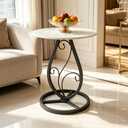 Round End Table Living Room, Small Side Table with Marble Top & Black Base