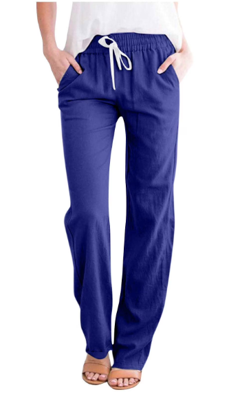 Summer Pants Women Full Length Pants Fashion Ladies Summer Casual Loose Cotton and Linen High Waisted Trousers Solid Color Drawstring Elastic Waist Loose Long Pants with Pocket Blue, M