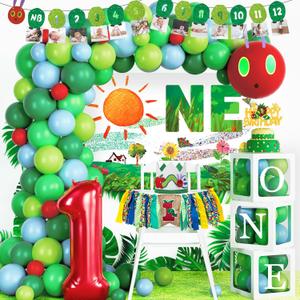 Green Caterpillar 1st Birthday Decorations, Fruit Theme Decorations  Backdrop Number One Balloon Highchair Banner Box Crown, Very Cartoon Hungry Little Caterpillar for First Birthday Party