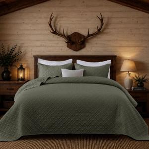 Queen Quilt Set with Shams Lightweight Quilted Bedspread Coverlet Thin Comforter Bed Cover Vintage Washed Quilted Blanket for All Season, Brushed Microfiber Diamond Stitching, Moss Green, 88"x92"
