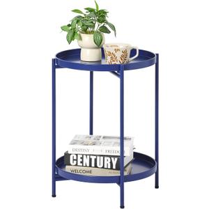 2-Tier Round End Side Table, Small Metal Side Table with Removable Tray, Folding Accent Tables for Living Room, Balcony, Nightstand for Bedroom, Outdoor Tables for Patio, Navy Blue, 15.75" x 20.47"