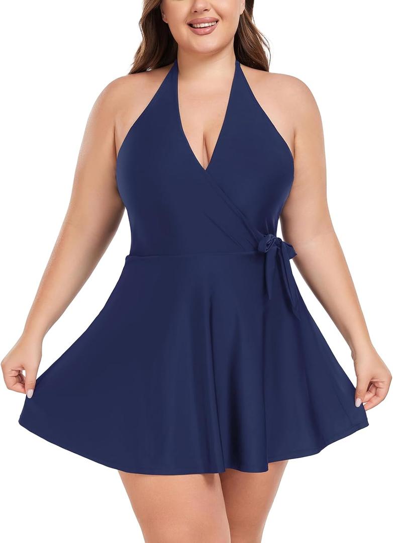 Ocean Blues Women's Plus Size V-Neck One Piece Swimdress Halter Wrap Swimsuit Tummy Control One Piece Skirt Bathing Suit (L)