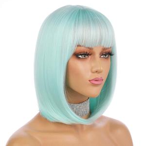 eNilecor Short Bob Hair Wigs 12" Straight with Flat Bangs Synthetic Colorful Cosplay Daily Party Wig for Women Natural As Real Hair+ Free Wig Cap (Mint Green)