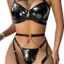 Lilosy Sexy Pu Leather Strappy Underwire Garter Belt Lingerie Set (Large, Latex Black)