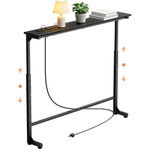 GRLEAF 35" Adjustable Height Narrow Console Table with Power Outlets, Long Sofa Table with Charging Station Behind Couch Table Skinny Entryway Table for Living Room, Hallway and Office Black